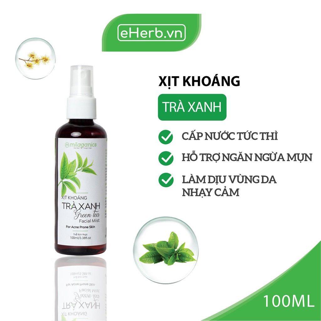 Xịt Khoáng Trà Xanh Cấp Nước Tức Thì, Làm Dịu Da & Cân Bằng Độ Ẩm MILAGANICS 100ml (Chai)