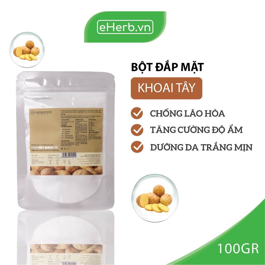 Bột Khoai Tây Nguyên Chất Đắp Mặt Nạ Dưỡng Da Trắng Mịn, Chống Lão Hóa MILAGANICS 100g (Túi Zip)
