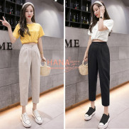 Quần đũi nữ dáng baggy công sở cạp chun lưng thun cao khóa thật - Màu Trắng Đen Be - Vải đũi xước trơn - Mặc đi làm chơi