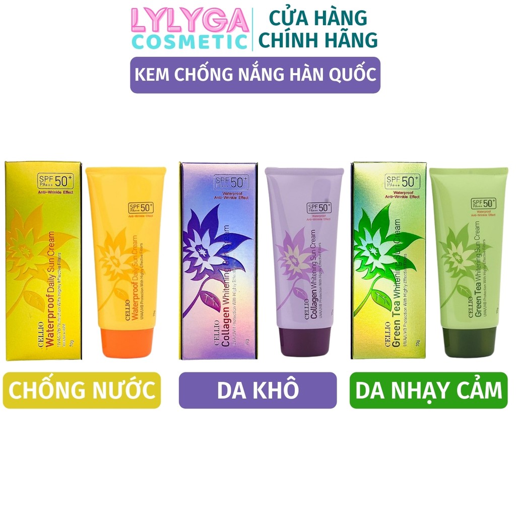 Kem chống nắng Hàn Quốc CELLIO SPF 50 PA+++ 70G . Dưỡng ẩm, trắng da, chống nước. Thành phần tự nhiên mọi loại da CN01