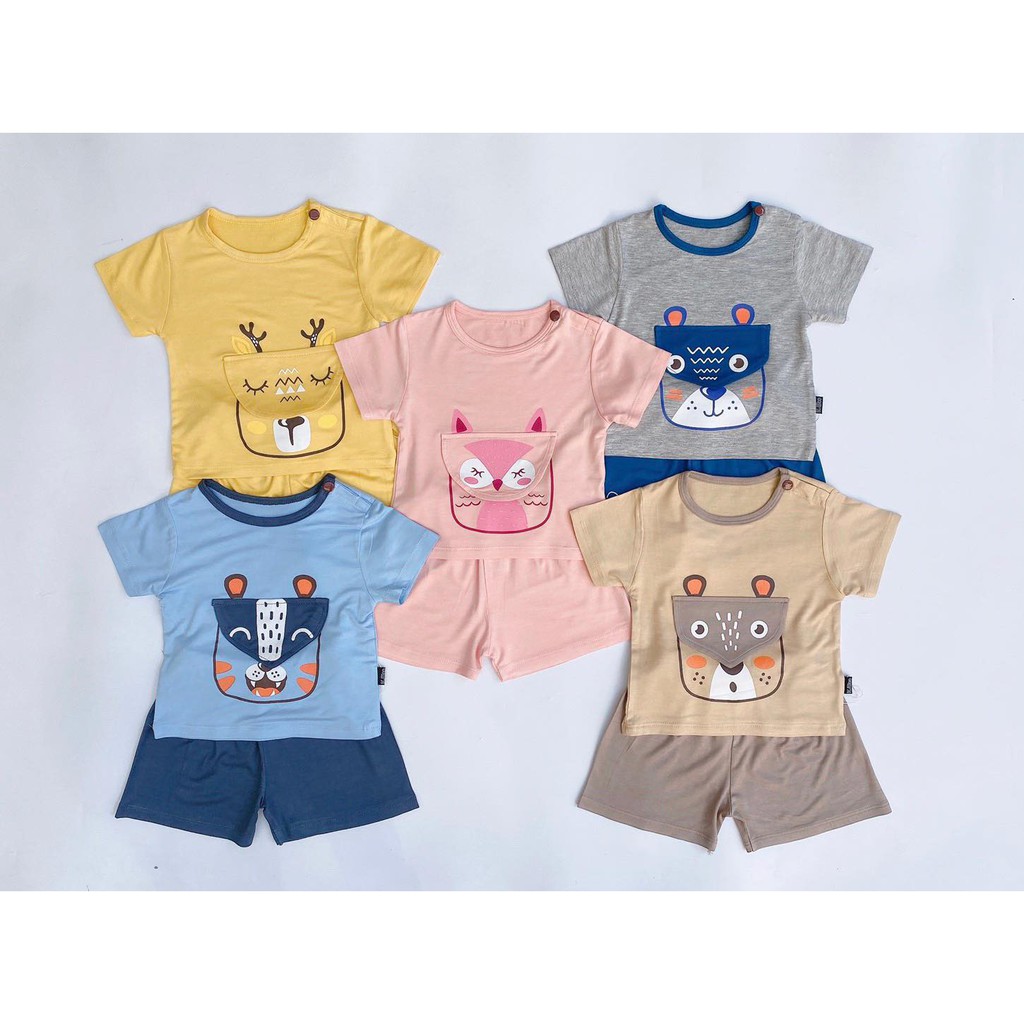 Bộ Cộc Tay Kwoo Thun Lạnh 4c 100% In Động Vật Ngộ Nghĩnh, Túi Bụng Cho Bé (5-18kg)