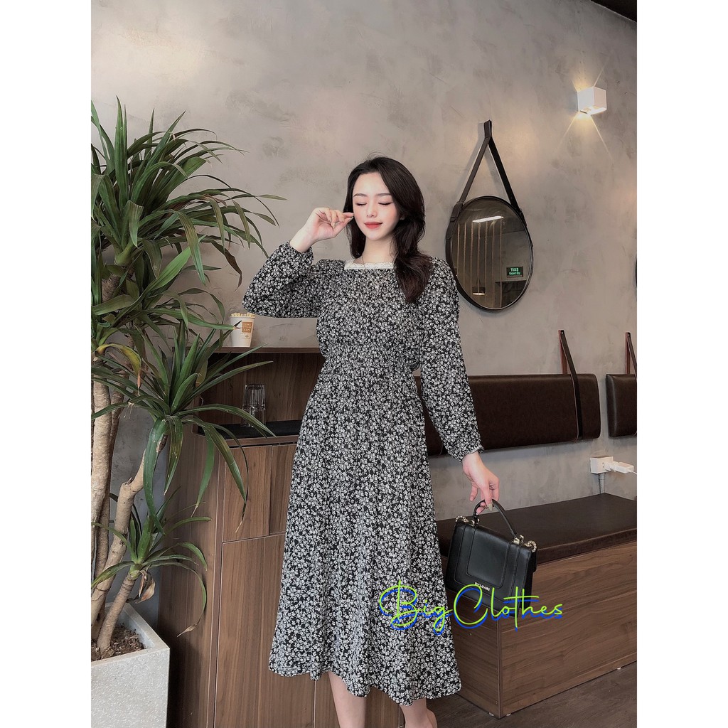 Đầm váy BigClothes thiết kế dự tiệc họa tiết hoa nhí đen cổ vuông dáng suông Bigsize BC015