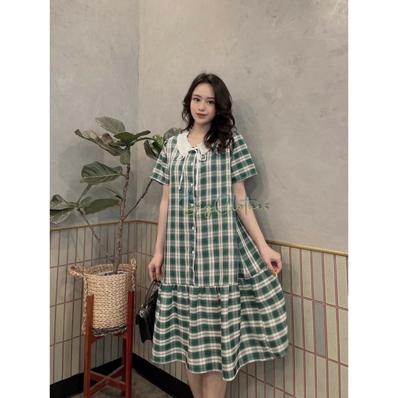 Váy babydoll đầm bigsize thiết kế họa tiết kẻ caro xanh phối cổ trắng thời thượng thoáng mát từ 45kg đến 70kg
