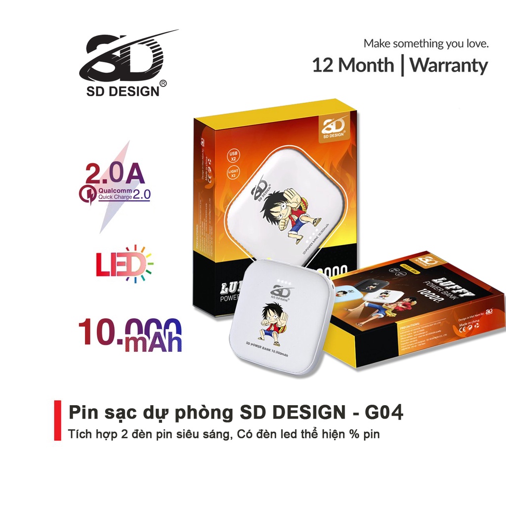 Sạc Dự Phòng Mini G04 10000mAh Chính Hãng SD Design Dùng Cho iPhone Samsung Xiaomi Oppo Tích Hợp Đèn Pin