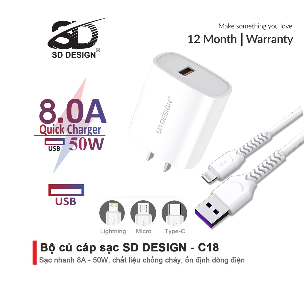 Bộ Củ + Cáp Sạc C18 chính hãng SD DESIGN sạc nhanh an toàn cho điện thoại iphone, samsung, oppo, xiaomi