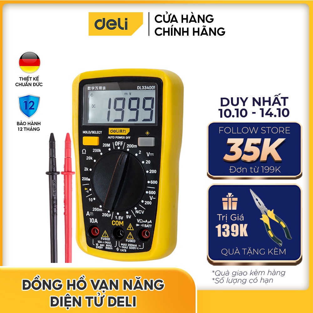 Đồng hồ vạn năng điện tử Deli DL334001 - Cam kết chính hãng - Bảo hành 12 tháng 1 đổi 1