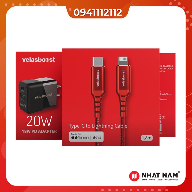 Bộ sạc nhanh PD 20W ( củ 20w ,cáp 1.8m ) Velasboost, có chứng nhận MFi, thương hiệu Việt Nam, bảo hành 12 t