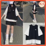 Set 2 áo ngắn tay KA Closet Set đồ nữ gồm áo trắng tay lỡ và áo gile rách chỉ nổi