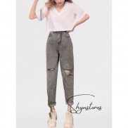 Quần jeans nữ Shyntores - quần baggy jeans Unisex rách đùi lưng cao vải đẹp freeship