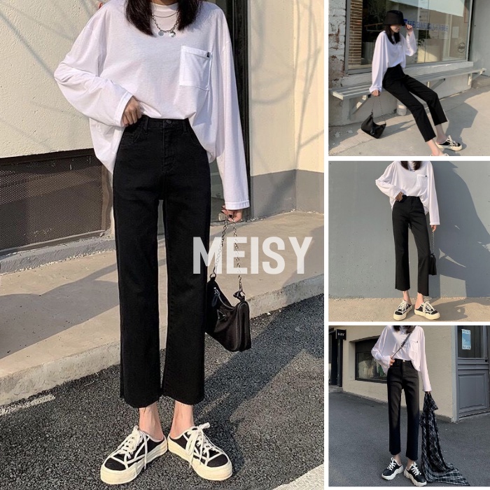 Quần jean bò ống đứng suông co giãn màu đen phong cách Ulazzang Meisy