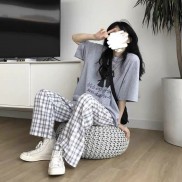 Set bộ áo thun nữ form rộng in chữ nhật phối quần kẻ caro ống rộng ulzzang 1sizeshop