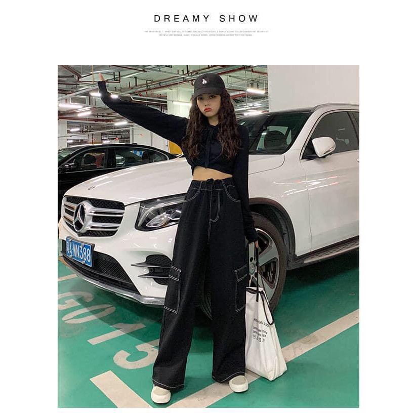 Quần ống rộng cạp cao nữ giả jean dập chỉ nổi có túi hộp hai bên màu đen 1sizeshop