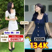Đầm nữ dự tiệc dáng chữ A tay phồng cổ vuông 6 nút gỗ Gumi trẻ trung sang trọng - GM2067