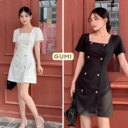 Váy nữ dự tiệc dáng chữ A cổ vuông tay phồng nút gỗ - Đầm dự tiệc Gumi trẻ trung sang trọng GM2073