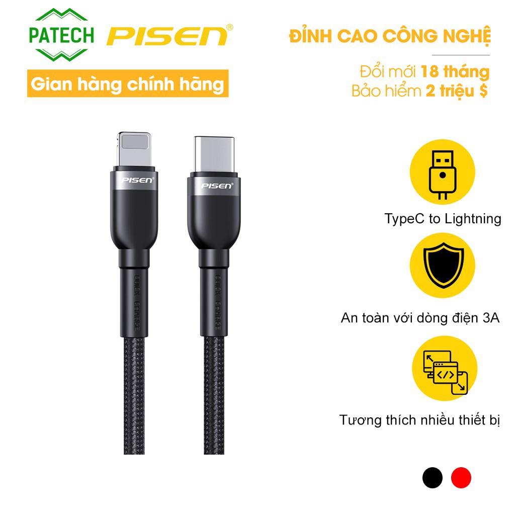 Cáp Cao Cấp PISEN Quick PD 20W Lightning & Type-c  3A Braided 1000mm , Tương Thích Đặc Biệt Với Ip12 - Hàng chính hãng