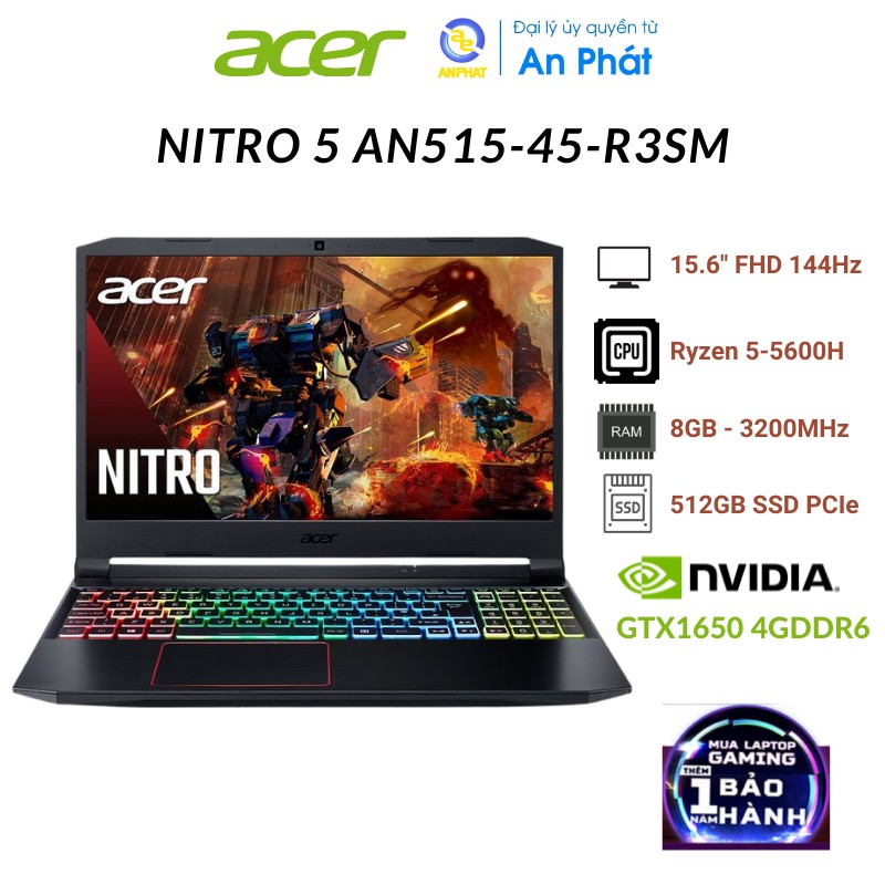 Laptop Acer Nitro 5 AN515-45-R3SM AMD Ryzen 5-5600H | 8GB | 512GB | GTX 1650 4GB | 15.