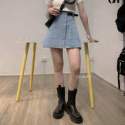 2101445 Chân váy jeans nữ xếp ly có đai chỉnh được eo bé lại màu xanh có size
