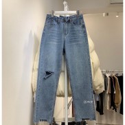 200580 Quần baggy ulzzang rách quần nữ thời trang hàn quốc màu xanh có size