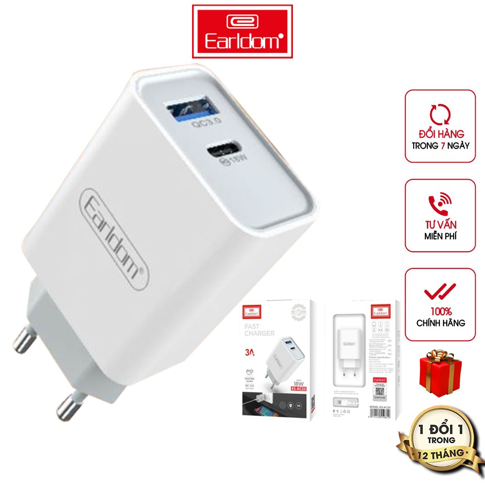 Bộ cáp sạc nhanh iphone samsung 18w Earldom KC25, Bộ sạc iphone samsung chính hãng chất lượng cao