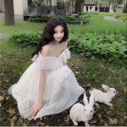 Đầm trễ vai lưới công chúa thỏ trắng