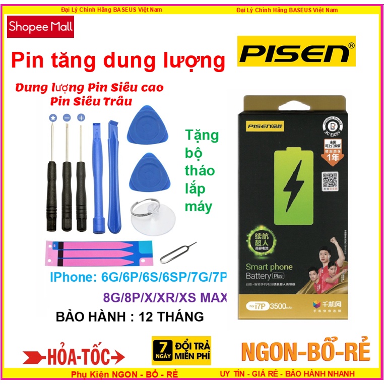 Pin PISEN IPHONE Dung Lượng SIÊU CAO - SIÊU TRÂU cho Iphone 6G/ 6P/ 6S / 6SP / 7G / 7P / 8G / 8P / X