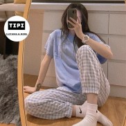 Đồ bộ nữ bộ ngủ mặc nhà quần caro áo trơn