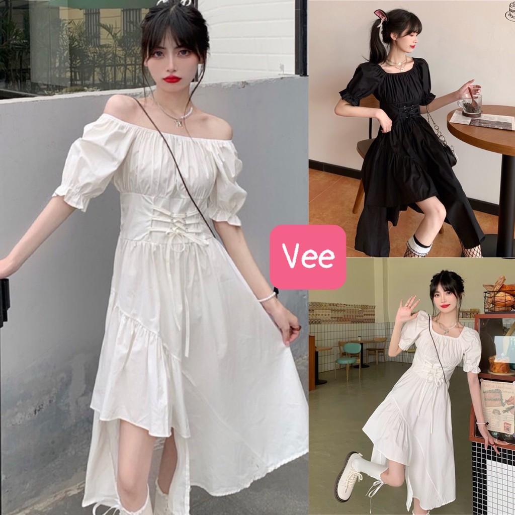 Váy cổ vuông tay bồng bigsize lệch tầng dáng dài ulzzang/ Váy trễ vai nữ dáng suông đan eo dễ thương_veestore