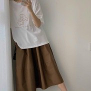 Set Bộ Áo Thun Mix  Chân Váy Nâu Cạp Chun Hàng QC Loại 1 Siêu Xinh