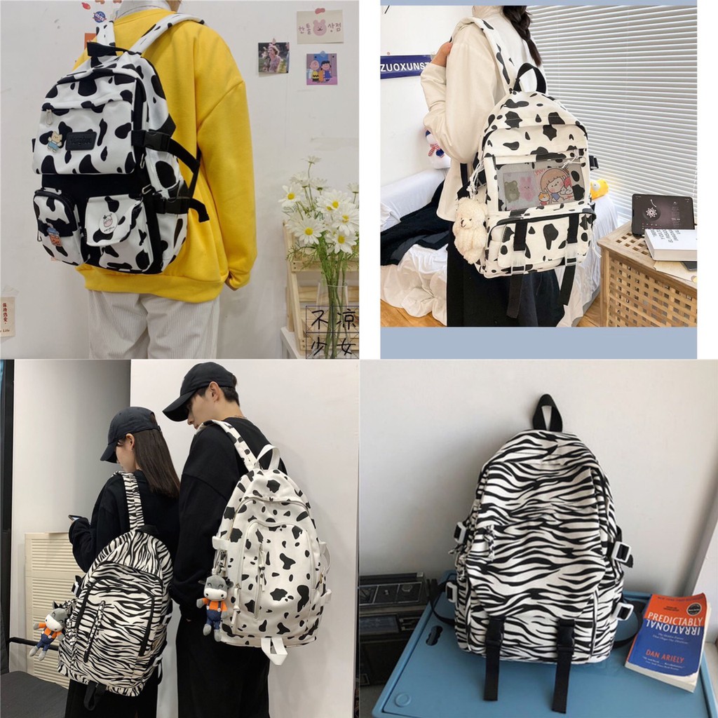 Balo UNIBAG cao cấp nam. nữ thời trang đi học đi chơi du lịch họa tiết ngựa vằn, bò sữa phong cách Hàn Quốc
