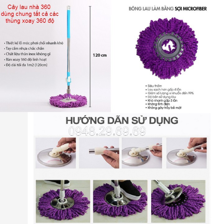Cây lau nhà 360 thân inox và mâm inox tặng kèm 1 bông lau
