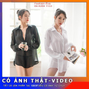 Đồ Áo Ngủ Nữ Áo Sơ Mi Ngủ Nữ Mỏng Sexy Gợi Cảm Xuyên Thấu Kèm Quần Lọt Khe Voan Mỏng Dài Tay