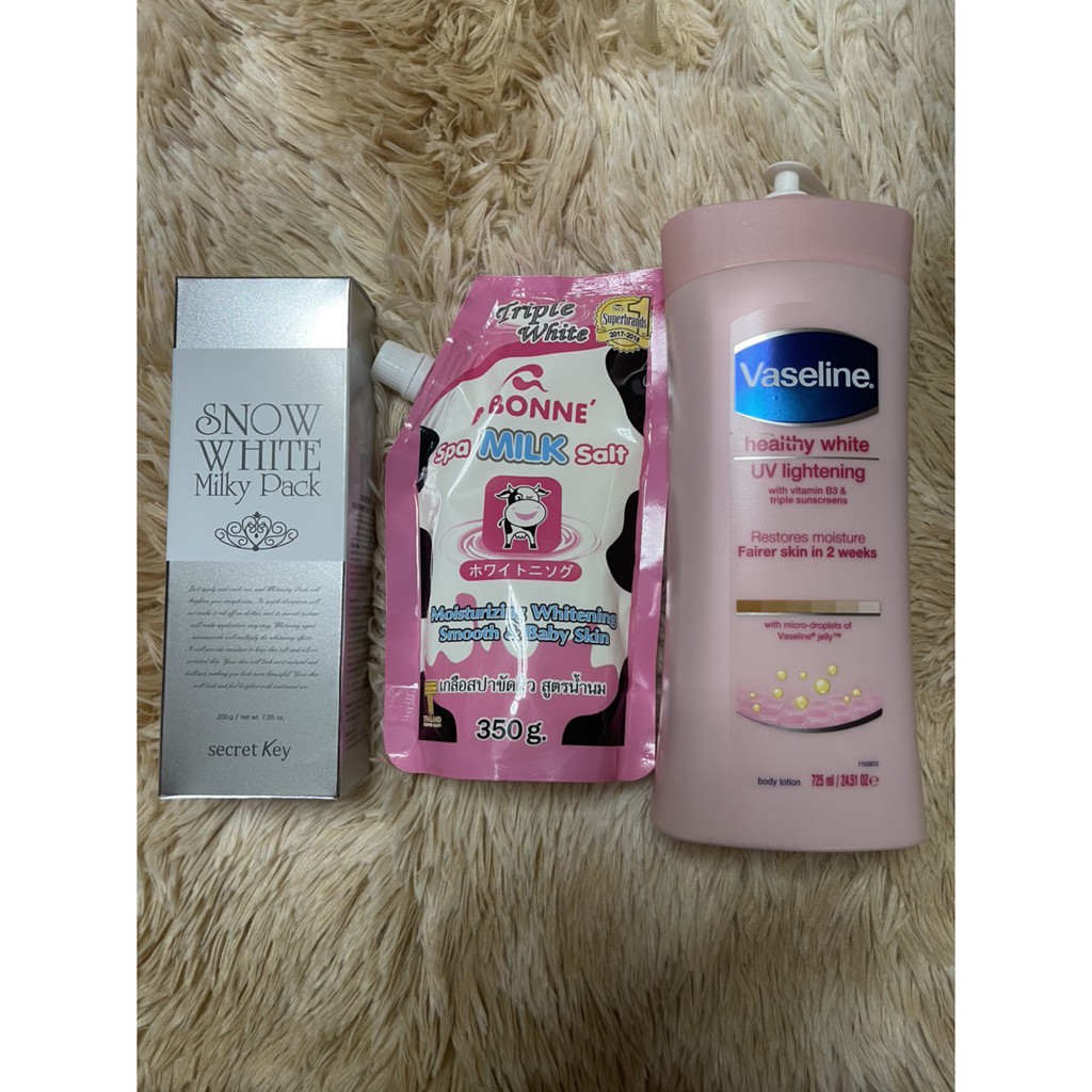 Dưỡng thể vaseline + kem dưỡng snow white secret key + muối tẩy tế bào chết a bonne (combo)