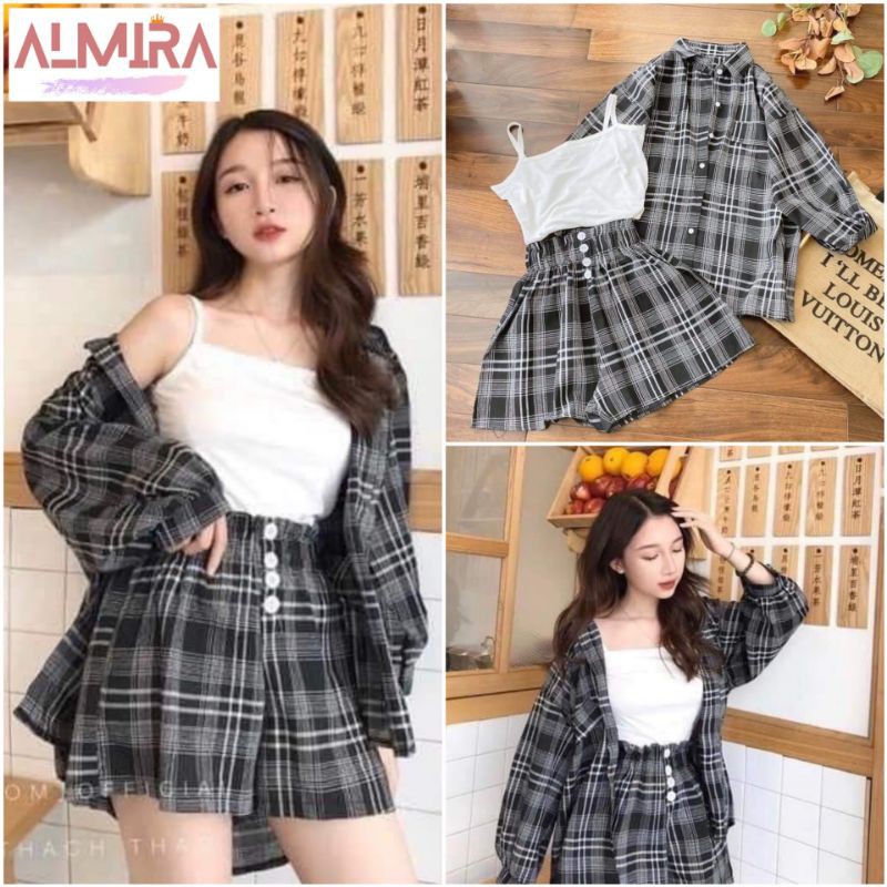 Sét 3 Món Áo Sơ Mi Kẻ Tay Bồng + Quần short + Áo 2 Dây