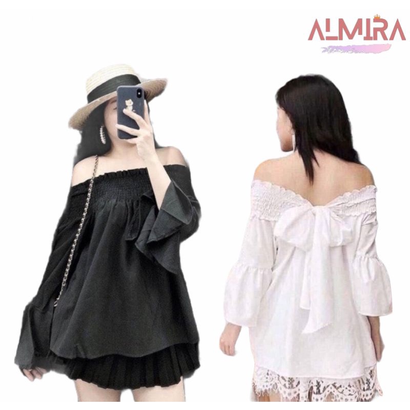 Áo Trễ Vai Nơ Lưng, Áo Bánh Bèo Tiểu Thư Nơ Buộc Lưng 2 Màu Đen Trắng