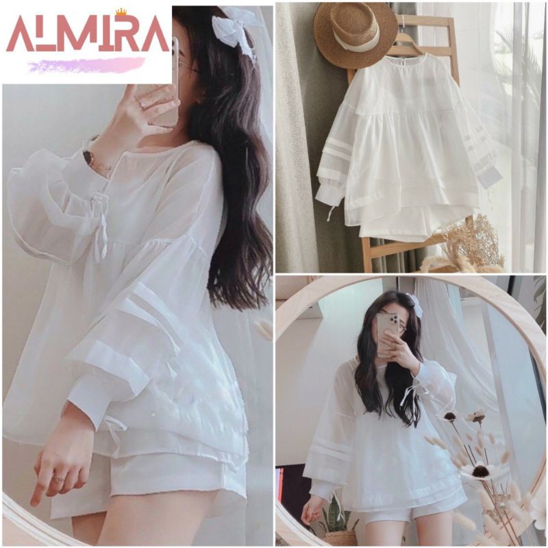 Sét Baby Doll Áo Cách Điệu Kèm Short, Sét Áo Tiểu Thư Màu Trắng Kèm Quần