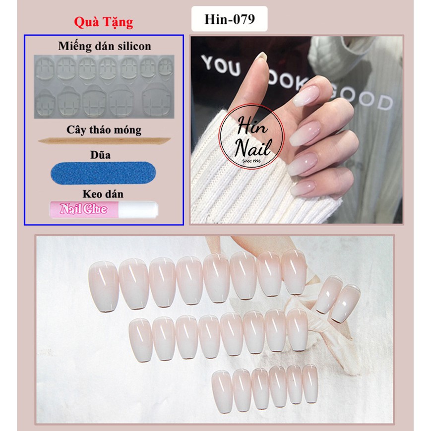 Bộ móng tay giả dài kèm keo Hin Nail tông màu trắng sữa
