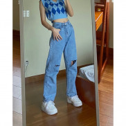 Quần jeans ống suông rách gối nữ