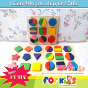 Đồ chơi xếp hình bằng gỗ, bộ 3 bảng ghép hình học, Giáo cụ montessori đồ chơi khoa học.