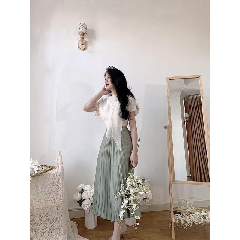 SET ÁO VOAN TRẮNG CV DẬP LI XANH