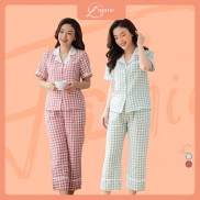 Bộ bầu mặc nhà BD01 họa tiết caro cùng chất đũi mềm mại, có chun rút điều chỉnh bụng by LAMME
