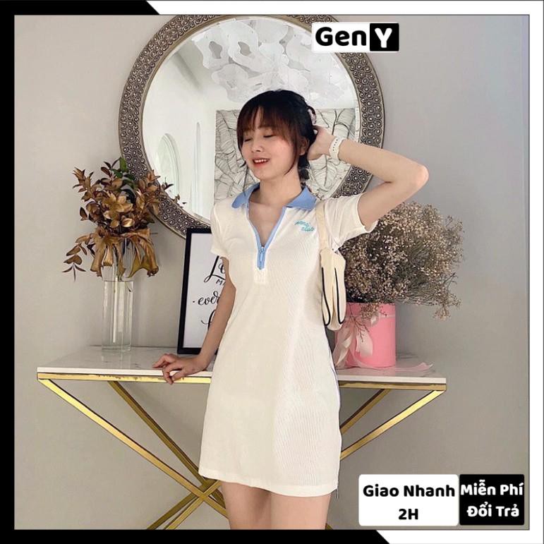 Đầm Dáng Ôm Polo Viền Cổ Xanh GenY Đầm Body Cổ Sơ Mi Dây Kéo Hông Siêu Xinh