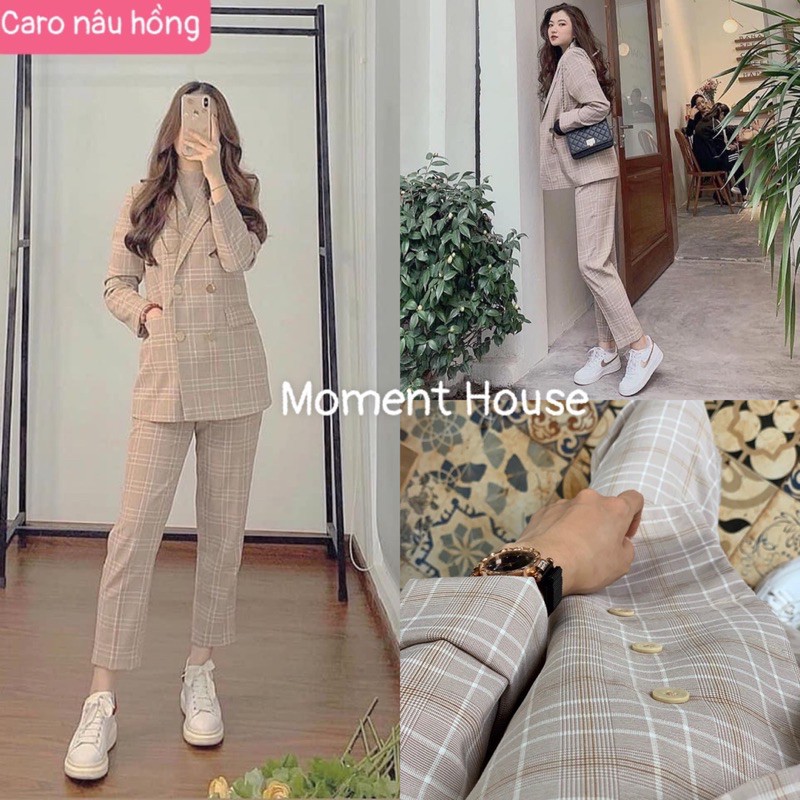 SET VEST CARO NÂU HỒNG