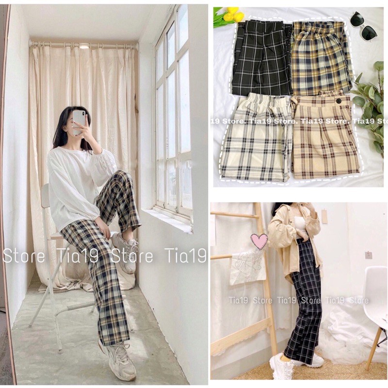 Quần culottes kẻ ulzzang Tia19. Quần ống rộng loại 1  ( ẢNH THẬT)