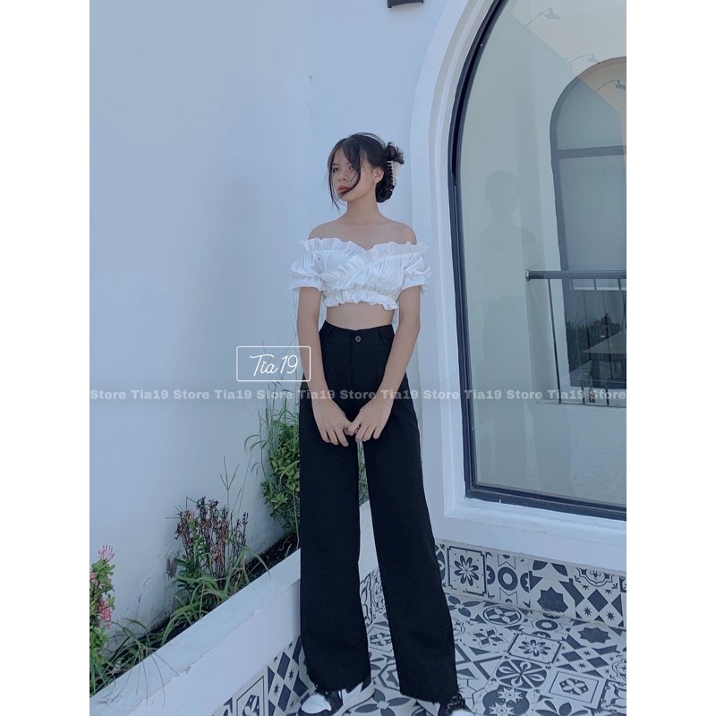 Quần culottes khuy đen dài 96-99cm Tia19. Quần tây ống rộng suông nữ (Ảnh thật)