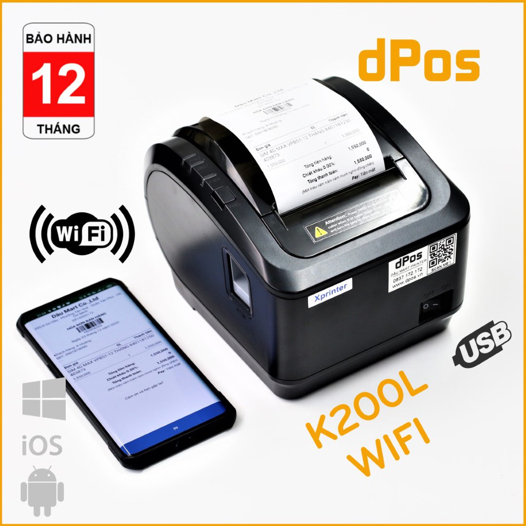 Máy in hoá đơn K80 dPos K200L WIFI in bill tính tiền Không Dây từ điện thoại máy tính PC sử dụng giấy in nhiệt K80 80mm
