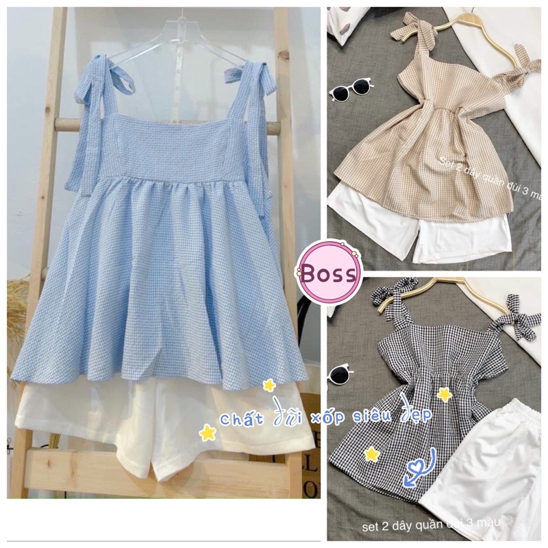 Set Hai Dây Kẻ Xốp Buộc Nơ Kèm Quần Short Trắng Nữ