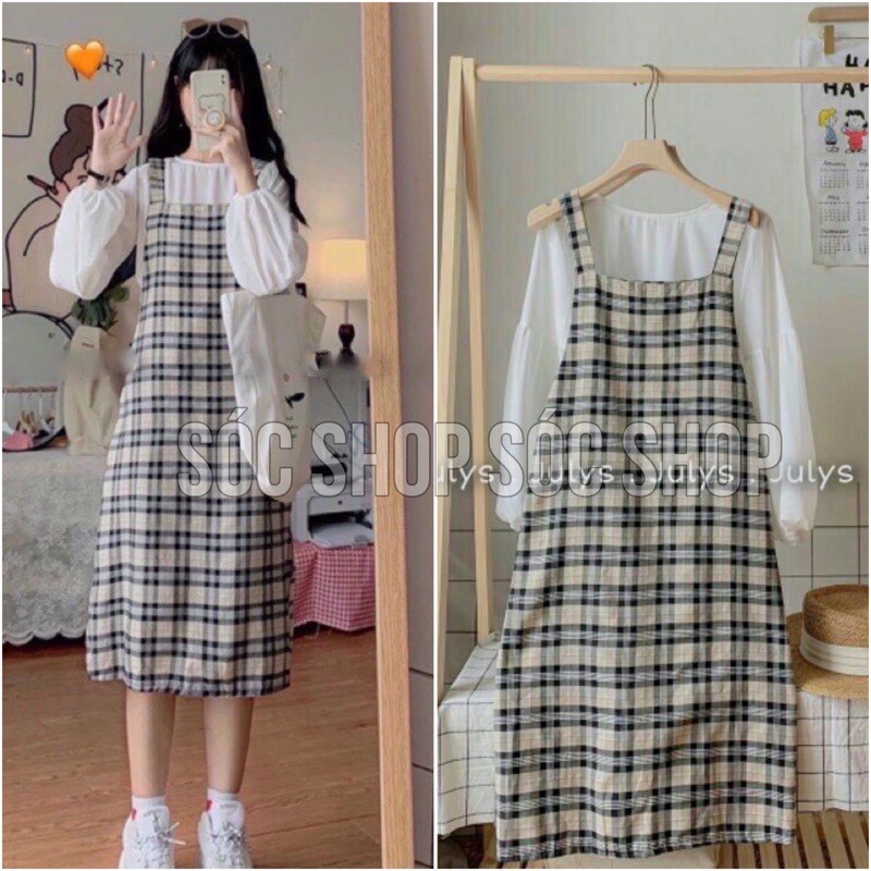 Sét Váy Yếm Kẻ Caro Ulzzang Phong Cách Hàn Quốc 2 Màu Kèm Áo (Video+Ảnh Thật Shop Tự Chụp)