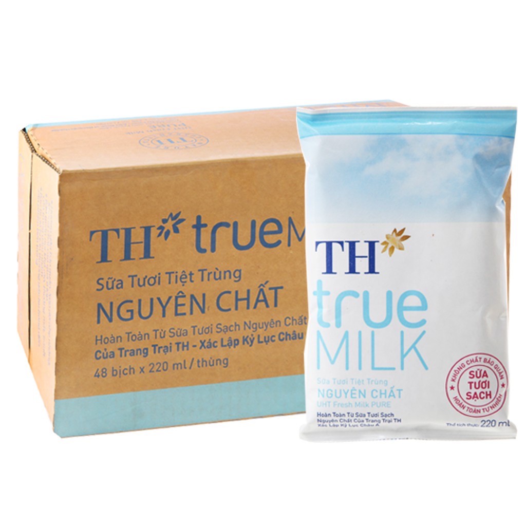  Thùng 48 bịch sữa tươi tiệt trùng nguyên chất không đường TH true MILK 220ml