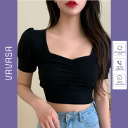 Áo croptop nữ kiểu ôm tay ngắn cổ vuông nhún ngực bigsize thun body tay bồng VAVASA CT15