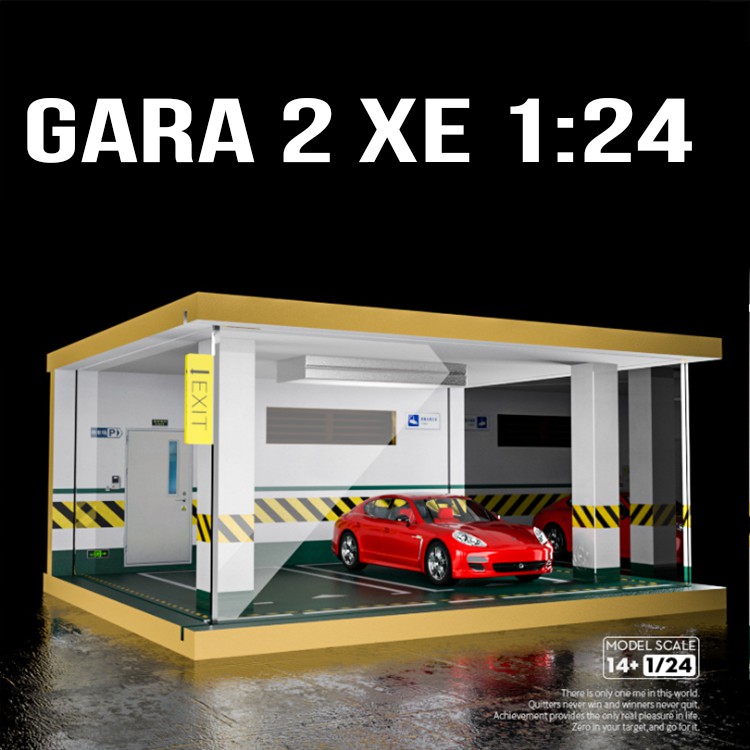 Gara xe mô hình ô tô tỉ lệ 1:24 loại 2 xe có đèn chiếu sáng bằng gỗ